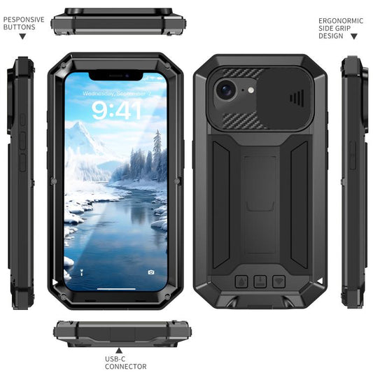 R-JUST Sliding Camera IP54 Life Waterproof Holder Phone Case, For iPhone 16e, For iPhone 16 Pro Max, For iPhone 16 Pro, For iPhone 16 Plus, For iPhone 16, For iPhone 15 Pro Max, For iPhone 15 Pro, For iPhone 15 Plus