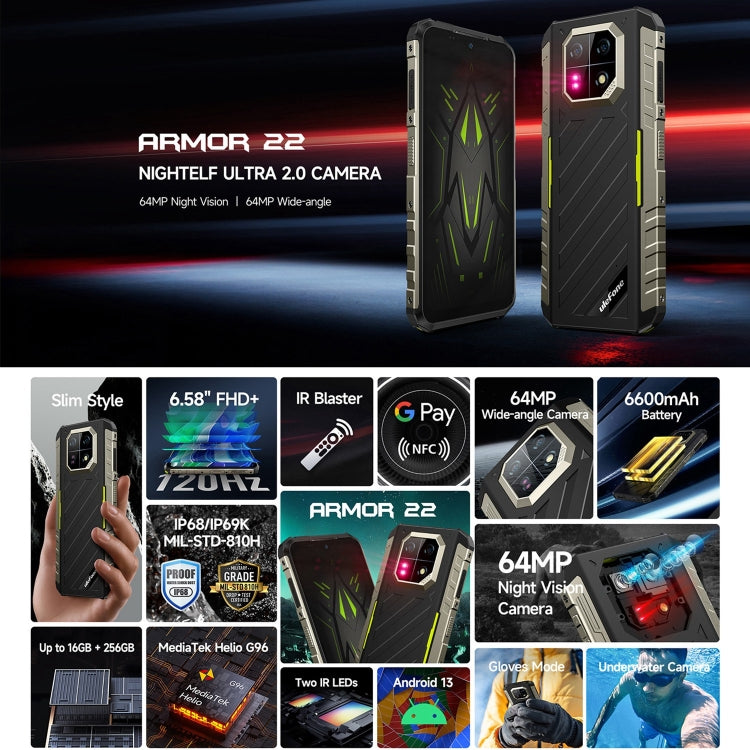 Ulefone Armor 22, IP68/IP69K Rugged Phone, 6.58 inch Android 13 MediaTek Helio G96 Octa Core, Network: 4G, NFC, OTG