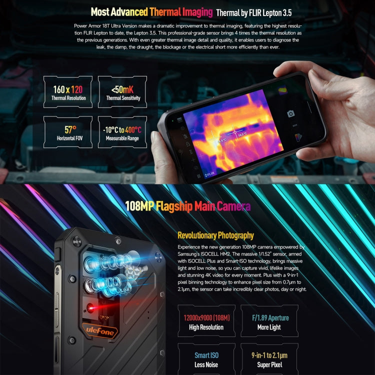 Ulefone Power Armor 18T Ultra Version 5G Thermal Imaging Rugged Phone, Side Fingerprint, 6.58 inch Android 13 MediaTek Dimensity 7050 Octa Core up to 2.6GHz, Network: 5G, NFC, OTG