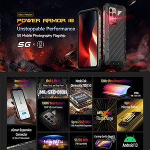 Ulefone Power Armor 18 Ultra Version 5G Thermometer Rugged Phone, Side Fingerprint, 6.58 inch Android 13 MediaTek Dimensity 7050 Octa Core up to 2.6GHz, Network: 5G, NFC, OTG