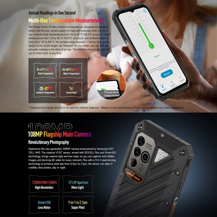 Ulefone Power Armor 18 Ultra Version 5G Thermometer Rugged Phone, Side Fingerprint, 6.58 inch Android 13 MediaTek Dimensity 7050 Octa Core up to 2.6GHz, Network: 5G, NFC, OTG