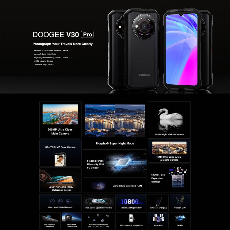 DOOGEE V30 Pro,  200MP Camera, Side Fingerprint, 10800mAh Battery, 12GB (extended 20GB virtual RAM up to 32GB RAM) ROM 512GB, 6.58 inch