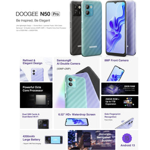 DOOGEE N50 Pro,8GB (plus 12GB virtual RAM up to 20GB) RAM ; ROM: 256GB, 6.52 inch