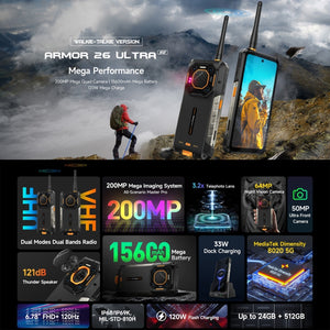 Ulefone Armor 26 Ultra Walkie-Talkie Version Rugged Phone, 6.78 inch Android 13 MediaTek Dimensity 8020 Octa Core, Network: 5G, NFC