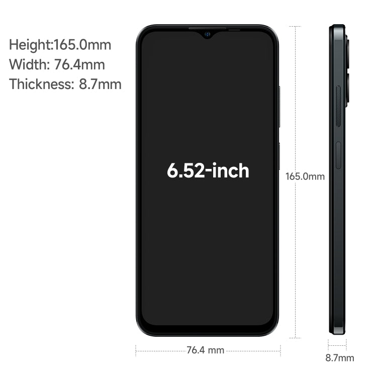 Dual Back Cameras, Face ID & Side Fingerprint Identification, 4400mAh Battery, 6.52 inch Android 13 Unisoc T606 OctaCore up to 1.6GHz, Network: 4G, Dual SIM, OTG