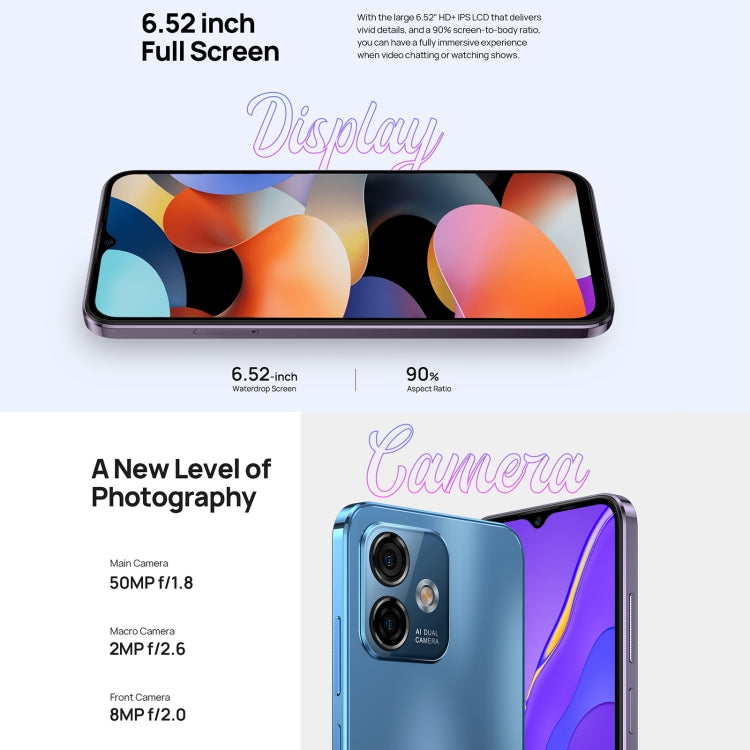 Dual Back Cameras, Face ID & Side Fingerprint Identification, 4400mAh Battery, 6.52 inch Android 13 Unisoc T606 OctaCore up to 1.6GHz, Network: 4G, Dual SIM, OTG