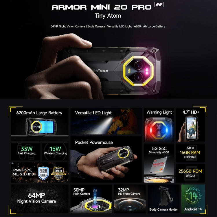 Ulefone Armor Mini 20 Pro, 8GB+256GB, IP68/IP69K Rugged Phone, 4.7 inch Android 14 MediaTek Dimensity 6300 5G Octa Core, Network: 5G, NFC, OTG