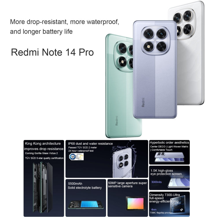 Xiaomi Redmi Note 14 Pro, 8GB+128GB, 6.67 inch Xiaomi HyperOS Mediatek Dimensity 7300-Ultra Octa Core, NFC, Network: 5G