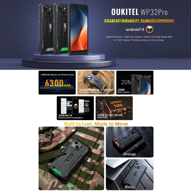 Oukitel WP32 Pro, 6GB+256GB, 6.0 inch Android 14 T606 Octa Core, OTG, Network: 4G