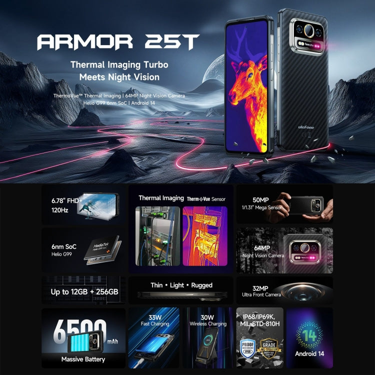 Ulefone Armor 25T Rugged Phone, 6GB+256GB, Thermal Imaging, 6.78 inch Android 14 MediaTek Helio G99 Octa Core, Network: 4G, NFC, OTG