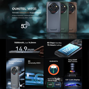 Oukitel WP35 5G Rugged Phone, 8GB+256GB, IP68/IP69K Fingerprint Identification, 11000mAh, 6.6 inch MediaTek Dimensity 6100+ Octa Core, NFC, OTG, Network: 5G