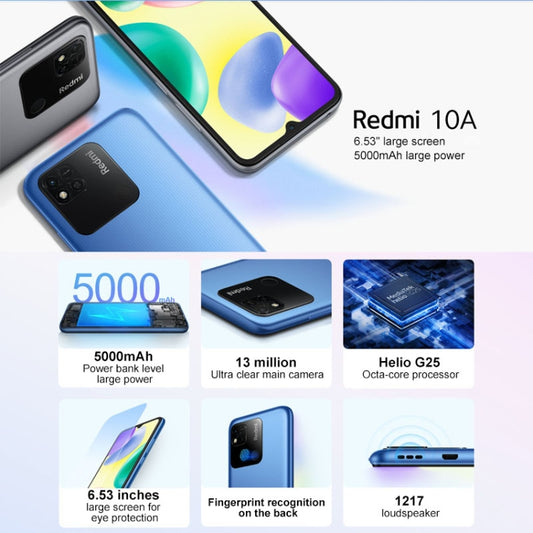 Redmi 10A, RAM+ROM(4GB+64GB), 5000mAh Battery, Face Identification, 6.53 inch MIUI 12.5 MTK Helio G25 Octa Core up to 2.0GHz, Network: 4G, Dual SIM, Support Google Play