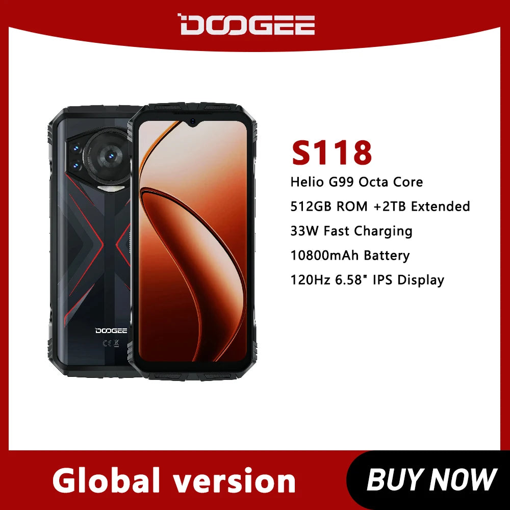 DOOGEE S118 Rugged Smartphone 4G Android 14 512GB ROM Mobile Phone 10800mAh 33W Fast Charging 50MP Triple Camera Cellphone NFC