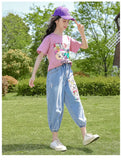 teenager tracksuit summer teens Girls white cartoon t-shirt + Ankle-tied Pants demin long jeans Clothes 8 10 12 14 16 Years