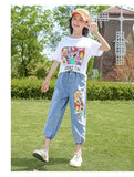 teenager tracksuit summer teens Girls white cartoon t-shirt + Ankle-tied Pants demin long jeans Clothes 8 10 12 14 16 Years