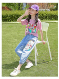 teenager tracksuit summer teens Girls white cartoon t-shirt + Ankle-tied Pants demin long jeans Clothes 8 10 12 14 16 Years