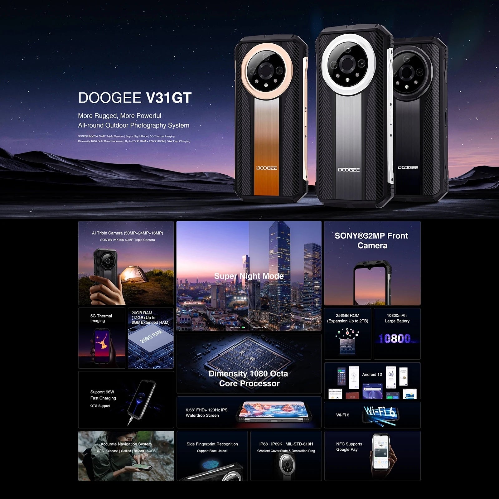 DOOGEE V31GT 5G Rugged Phone 12GB+256GB 6.58” FHD 120Hz Thermal Imaging 10800mAh 66W Fast Charging 50MP Camera NFC Smartphone