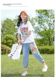 teenager tracksuit summer teens Girls white cartoon t-shirt + Ankle-tied Pants demin long jeans Clothes 8 10 12 14 16 Years