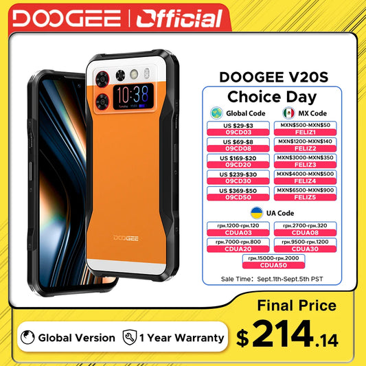 DOOGEE V20S Rugged Phone 1.58" AMOLED Rear Display Dimensity 6020 5G Octa Core 12GB+256GB Leather Texture With Kickstand Phone