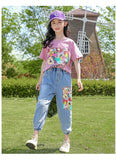 teenager tracksuit summer teens Girls white cartoon t-shirt + Ankle-tied Pants demin long jeans Clothes 8 10 12 14 16 Years