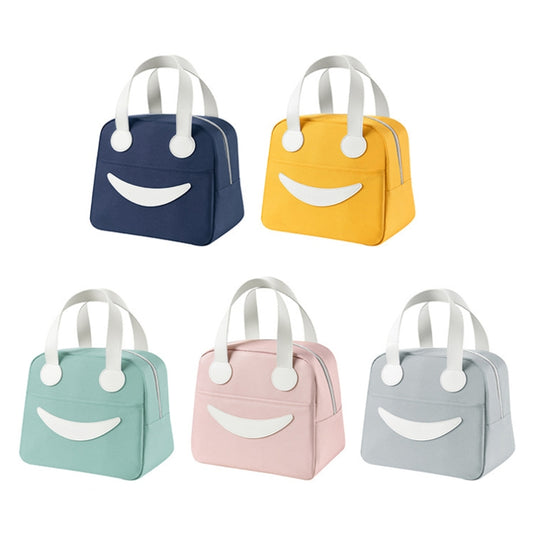 Smiley Lunch Bag with Leather Handles, Size:, S (Green), S (Pink), S (Gray), S (Navy Blue), S (Yellow), L (Green), L (Pink), L (Gray), L (Navy Blue), L (Yellow)