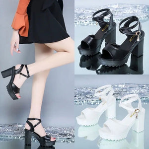 Women Heel Sandals Chunky  Bottom Waterproof Platform with Cross Buckle Strap  and Open Toe