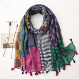 180 X 85cm  Women Cotton And Linen Scarf Retro Splicing Bohemian Printed Silk Shawl