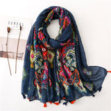 180 X 85cm  Women Cotton And Linen Scarf Retro Splicing Bohemian Printed Silk Shawl