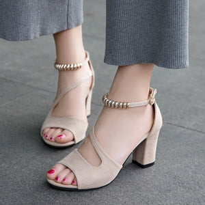 Summer Roman Style Metal One Buckle Chunky Sandals Women Casual High Heels