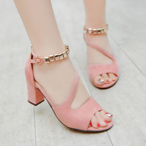 Summer Roman Style Metal One Buckle Chunky Sandals Women Casual High Heels