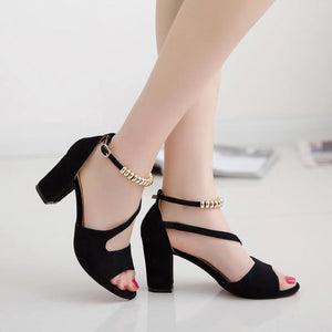 Summer Roman Style Metal One Buckle Chunky Sandals Women Casual High Heels