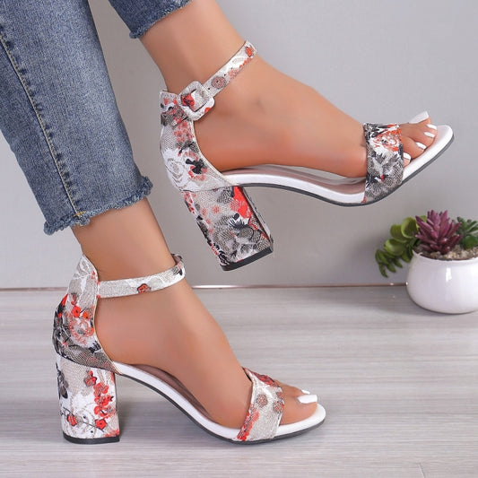 Women Summer Roman Sandals Thick Bottom Slope Heel Printed Buckle High Heels Sandals