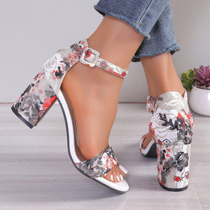 Women Summer Roman Sandals Thick Bottom Slope Heel Printed Buckle High Heels Sandals