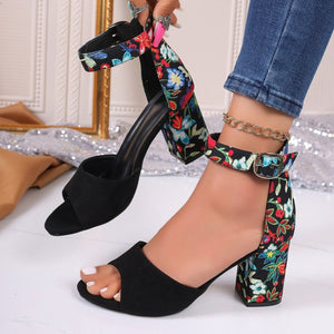 Summer Women Buckle High Heel Sandals Embroidered Chunky Ladies Sandals