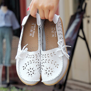 Women Casual Peas Shoes Leather Flats Breathable Hollow Loafers