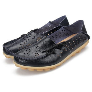 Women Casual Peas Shoes Leather Flats Breathable Hollow Loafers