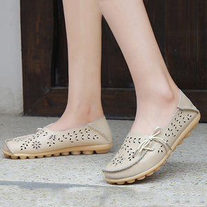 Women Casual Peas Shoes Leather Flats Breathable Hollow Loafers