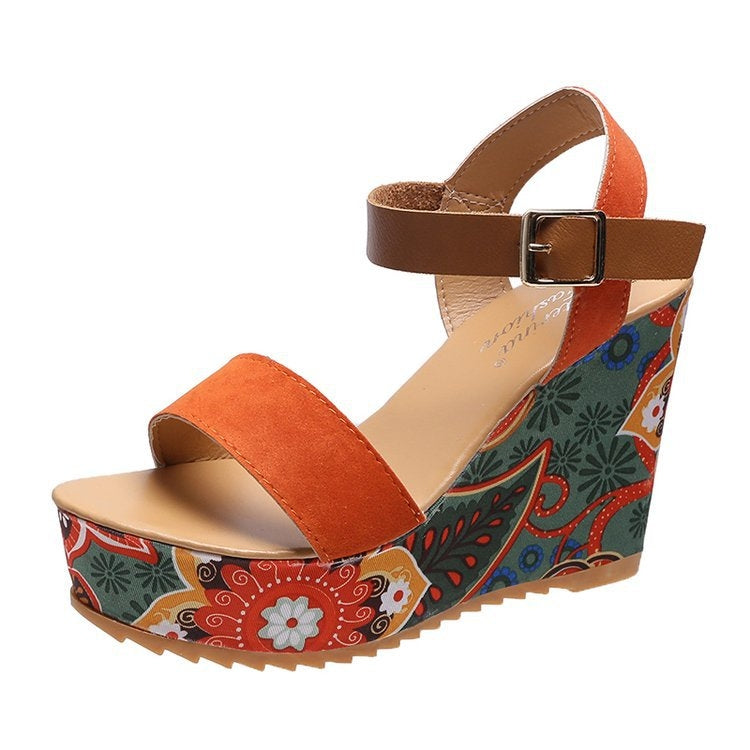 Summer Floral Fabric Slope Heel Women Sandals Comfortable Casual High Heels