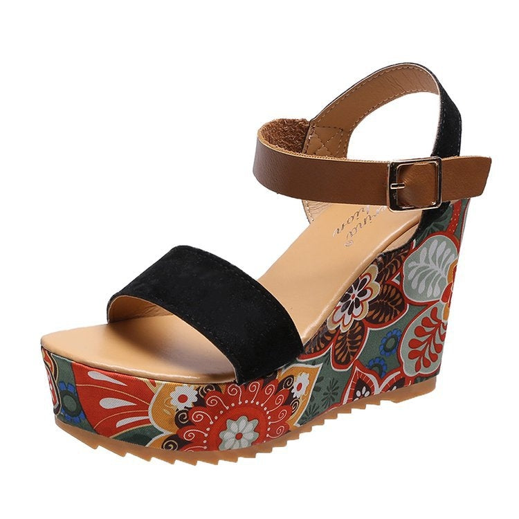 Summer Floral Fabric Slope Heel Women Sandals Comfortable Casual High Heels