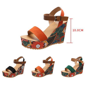 Summer Floral Fabric Slope Heel Women Sandals Comfortable Casual High Heels