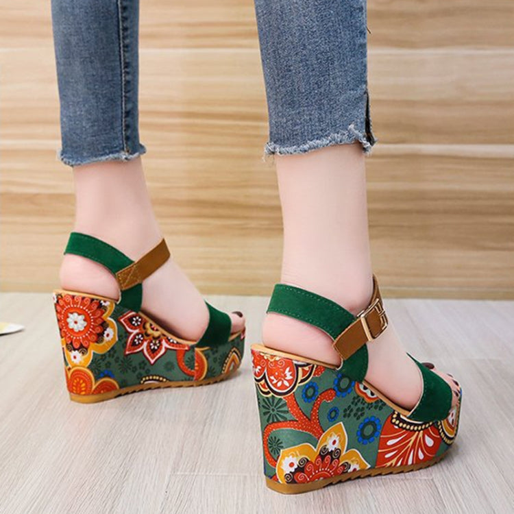 Summer Floral Fabric Slope Heel Women Sandals Comfortable Casual High Heels