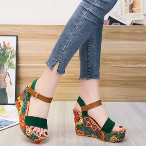 Summer Floral Fabric Slope Heel Women Sandals Comfortable Casual High Heels