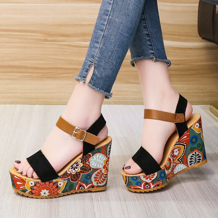 Summer Floral Fabric Slope Heel Women Sandals Comfortable Casual High Heels