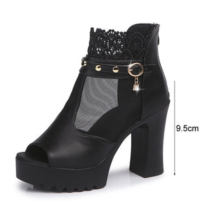 Women Summer Chunky Heel Peep Toe Mesh Sandal Boots Lightweight High Heeled Sandals