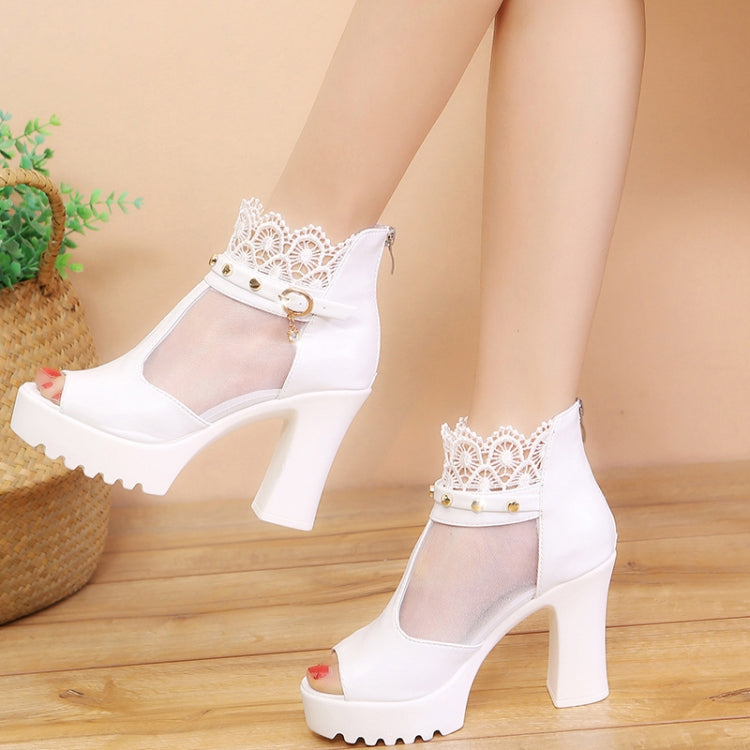 Women Summer Chunky Heel Peep Toe Mesh Sandal Boots Lightweight High Heeled Sandals