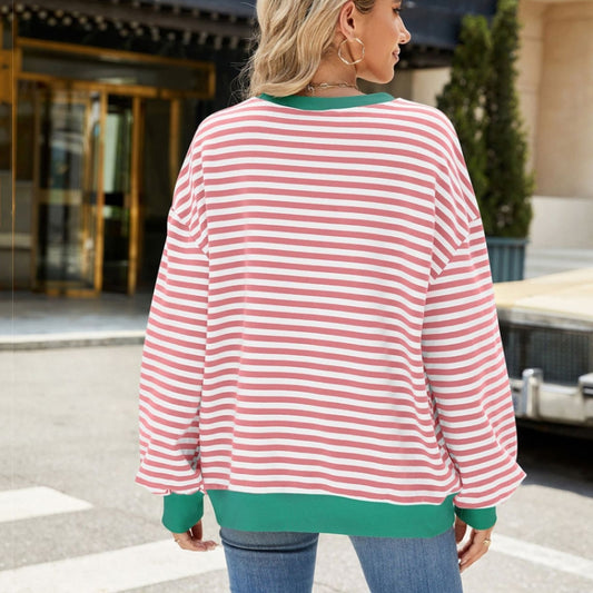 Women Fall Winter Striped Crewneck Color Block Loose Long Sleeve Sweatshirt Jacket